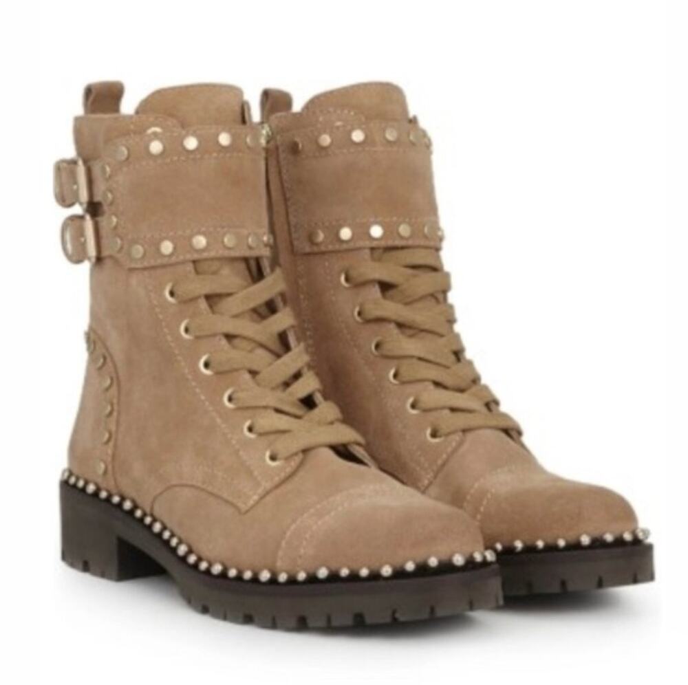 SAM EDELMAN Jennifer Studded Combat Boots Suede Tan Brown Sz 7.5